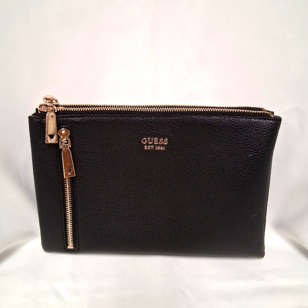 GUESS Naya Women's Double Zipper Black Leather Crossbody Bag